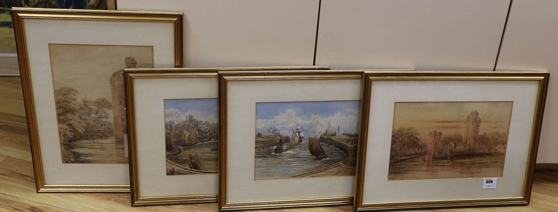 I.M. Burton (19th century), pair of watercolours, 'Gorleston' and 'Gorleston Pier', signed, one dated 1880, 22 x 32cm, and J.M. Burton (19th century), two watercolours, 'Ruined castle' and 'Abbey', signed and dated 1880,